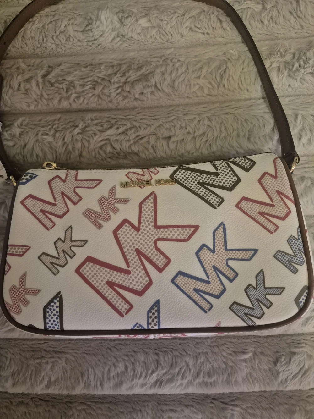 Michael Kors White Multicolor MK Print Shoulder Bag with Brown Strap